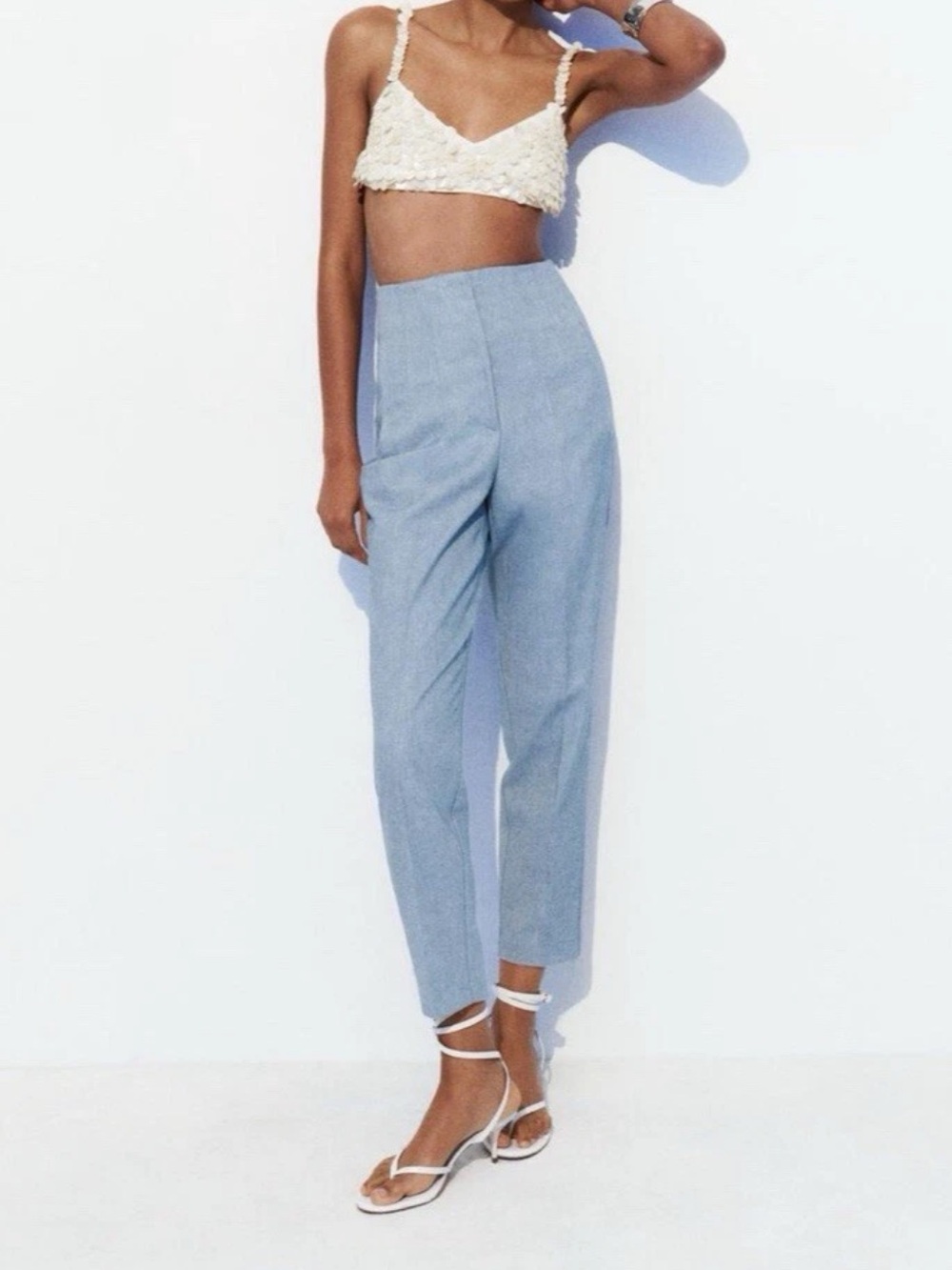 ZARA‎ high waisted twill crop trousers light blue ankle pants size medium